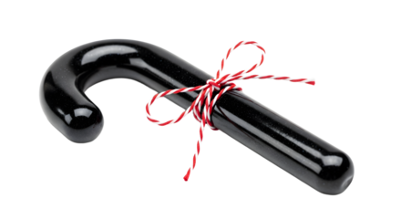 Gift - Black candy cane with red and white striped string tied in a bow, isolated on white background, perfect for holiday decorations