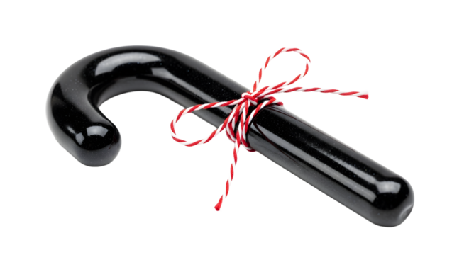Gift - Black candy cane with red and white striped string tied in a bow, isolated on white background, perfect for holiday decorations