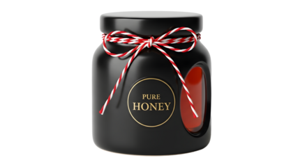 Gift - Black jar container with pure honey label and red striped bow, natural sweet food in glass pot, perfect for organic markets