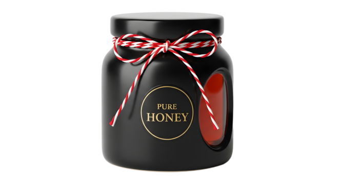 Gift - Black jar container with pure honey label and red striped bow, natural sweet food in glass pot, perfect for organic markets