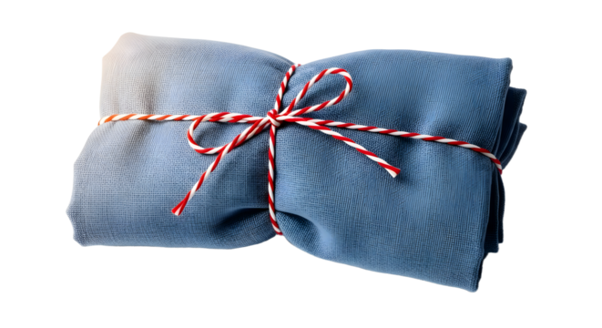 Gift - Blue linen napkins tied with red and white string bow, neatly folded cloth napkin for table settings and kitchen decor - Powered by Adobe