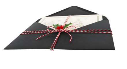 Gift - Black envelope with festive red and white striped string and cards inside, perfect for Christmas greetings and holiday invitations
