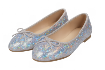 Pair of glitter ballet flats with holographic effect and tie bows on transparent background, women's fashion shoes