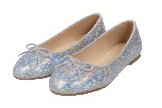 Pair of glitter ballet flats with holographic effect and tie bows on transparent background, women's fashion shoes