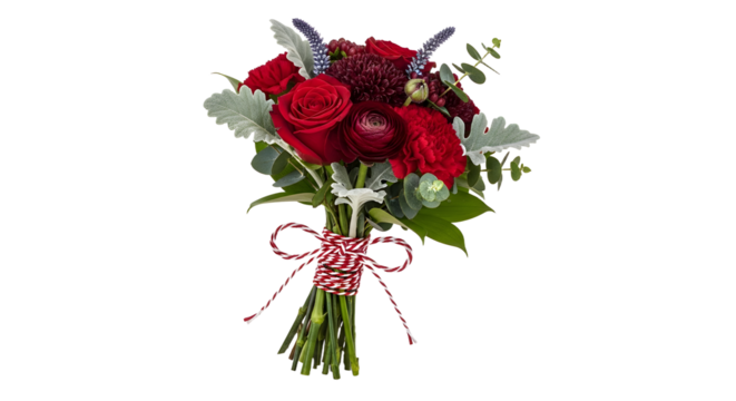 Gift - Bouquet of red roses and ranunculus flowers with greenery tied with a red and white twine, perfect for romantic occasions and Valentine's Day