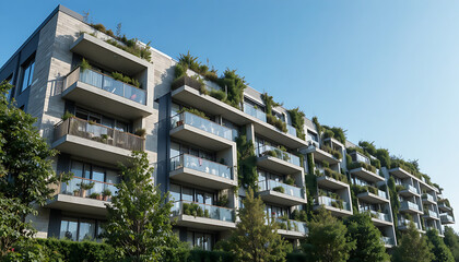 Obraz premium Modern apartment building with balconies and greenery under a clear blue sky, showcasing contemporary architecture.