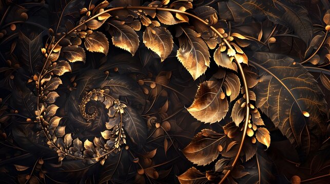Majestic spiral of dark brown and gilded gold leaves swirling in elegant rhythm over a rich textured backdrop with luxurious detail autumn leaves on the ground