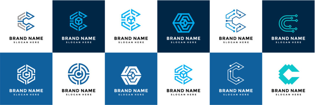 set design logo letter C tech block chain vector template