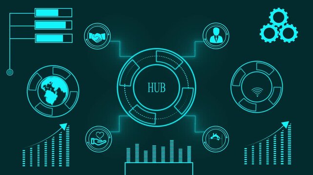 Futuristic infographic network diagram with hub in the center and connected icons in cyan technology - Powered by Adobe