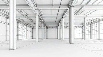 A minimalist architectural design showing an empty space with prominent structural columns and beams in a wireframe style.