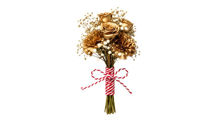 Obraz premium Gift - Dried flower bouquet with gold-painted roses, baby's breath, and twine bow on black background, perfect for rustic or vintage decor