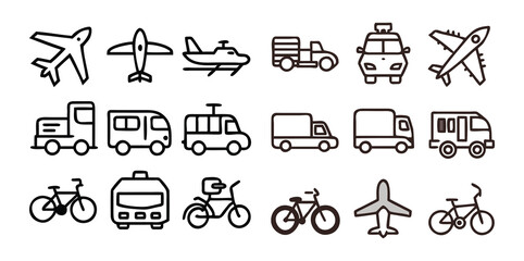 Transportation & Vehicle Icons Pack | Car, Bus, Bike, Airplane, Ship, and Logistics Vector Set | Minimal Line and Solid Style