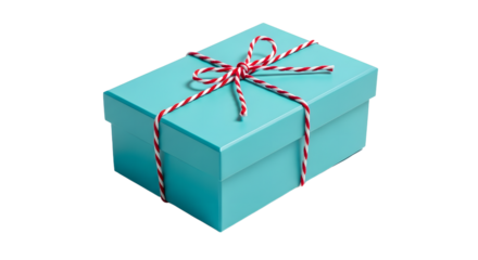 Gift - Blue gift box with red and white string tied in a bow isolated on white background, perfect for holidays and birthdays
