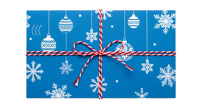 Gift - Blue Christmas gift box wrapped with red and white string and decorated with white snowflakes and baubles, perfect for holiday presents