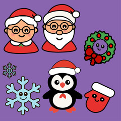 Kawaii Christmas icon set with Santa, Mrs. Claus, penguin, wreath, snowflake, mitten and ornament