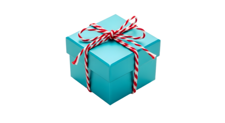 Gift - Blue gift box with red and white striped ribbon and bow isolated on white background, perfect for birthday parties