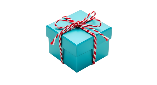 Gift - Blue gift box with red and white striped ribbon and bow isolated on white background, perfect for birthday parties