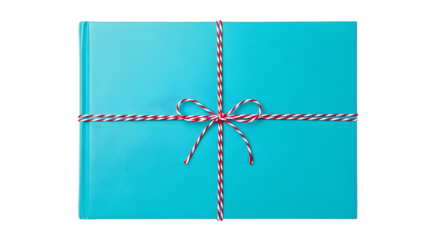 Gift - Blue wrapped gift box tied with red and white striped string bow isolated on white background, perfect for birthday or holiday celebrations
