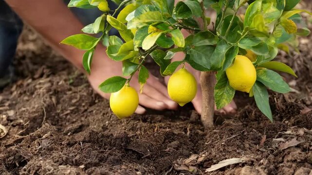 Closeup of hands applying organic fertilizer to vibrant lemon tree soil supporting healthy growth and enhancing the unique citrus flavor of Meyer lemons.