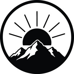 Vector mountain range and sun minimalist circle frame silhouette illustration