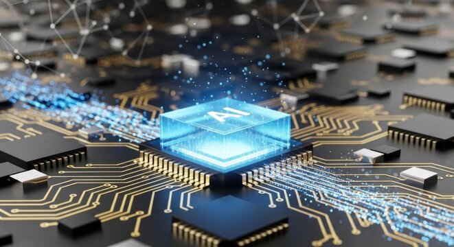 A computer chip with the letters 'AI' on it, surrounded by a network of connections and data.