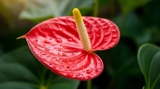 Red anthurium flower with a yellow spadix and water droplets