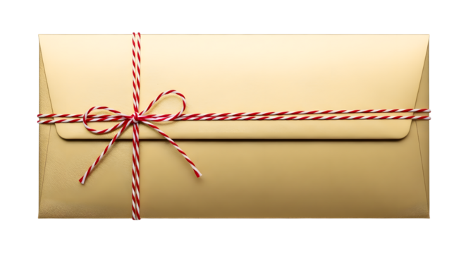 Gift - Gold envelope with red and white string bow tied around it, elegant gift wrapping perfect for invitations and special occasions