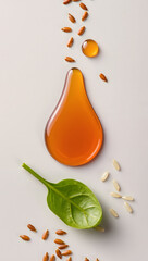 Orange natural salmon oil drop with spinach leaf and grains on clean white background