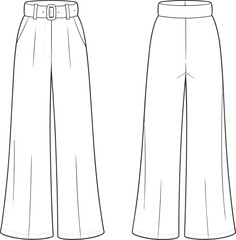 Women's High-Waisted Wide Leg Trousers with Front Pleats and Buckle Belt Technical Fashion Flat Sketch CAD Drawing Vector Illustration