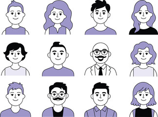 Diverse flat cartoon avatar collection, business and casual people profile icons, modern character illustration, professional team faces, vector design concept
