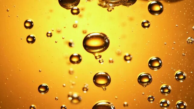 Macro shot of beautiful liquid golden bubbles floating and rising in a yellow-orange background, abstract oil or soda pattern