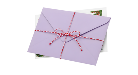 Gift - Lavender envelope tied with red and white string above vintage floral postcards, perfect for invitations or heartfelt letters