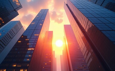 skyscrapers at sunset view looking up of bright colorful abstract background prism fantasy architectural wallpaper sunlight blue yellow orange pink cityscape architecture backdrop. High quality