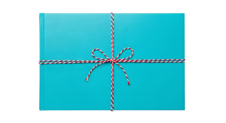 Gift - Blue wrapped gift box with red and white striped twine bow on black background, perfect for birthday or holiday presents