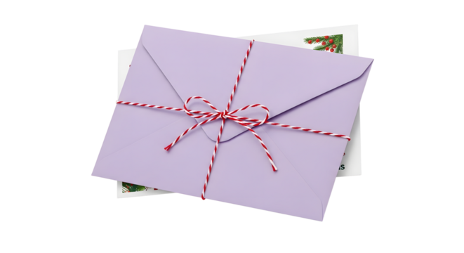 Gift - Lavender envelope tied with red and white string above vintage floral postcards, perfect for invitations or heartfelt letters