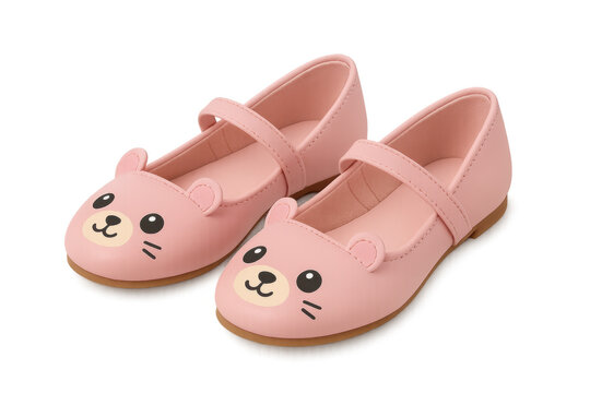 Pink mary jane children shoes with cute bear faces and ears, ideal for kids fashion and playful design on transparent background