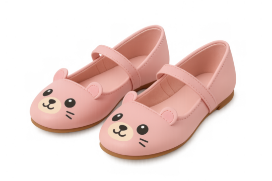 Pink mary jane children shoes with cute bear faces and ears, ideal for kids fashion and playful design on transparent background