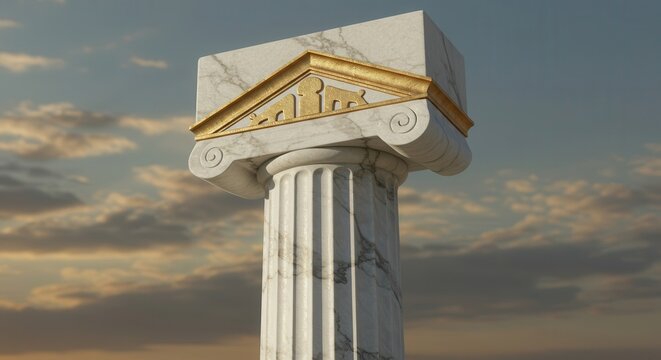 Fototapeta Classical architectural column capital featuring white marble and gold detailing stands against a dramatic sky.