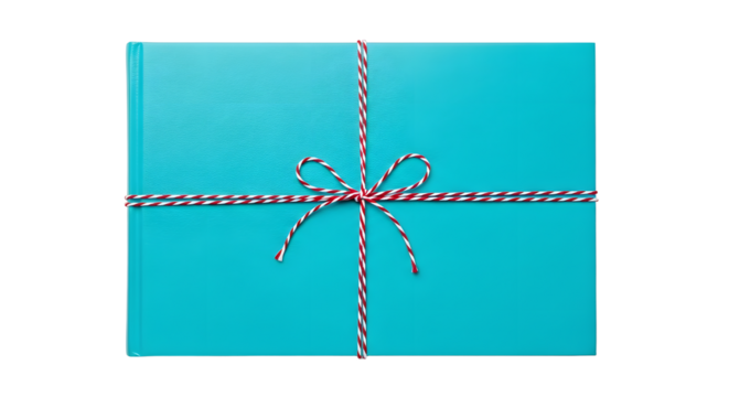 Gift - Blue wrapped gift box with red and white striped twine bow on black background, perfect for birthday or holiday presents