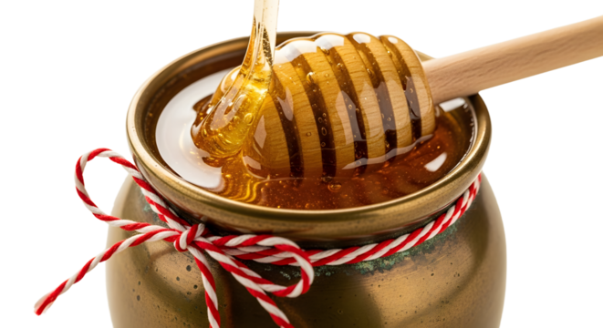 Gift - Close-up of honey dripping from wooden honey dipper into ceramic jar with decorative red and white ribbon, perfect for food, cooking, and natural ingredient themes