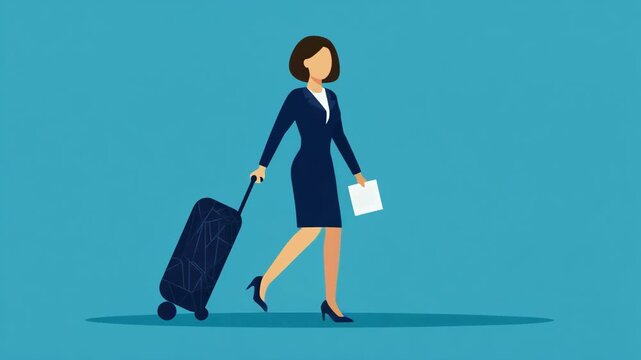 Animated Businesswoman in a Suit Walking with a Suitcase. Flat Design Character Illustration Representing Corporate Travel, Career Journey, and Professional Mobility.