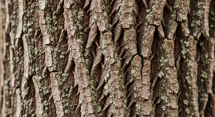 Detailed Texture of Rough Tree Bark with Natural Moss Growth Up Close