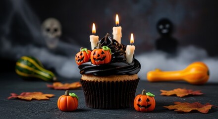 A Halloween-themed cupcake with lit candles and jack-o'-lantern decorations.
