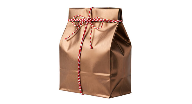 Gift - Brown paper gift bag tied with red and white string against white background, perfect for presents and packaging