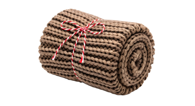 Gift - Cozy rolled knitted brown blanket tied with red and white string isolated on white background, perfect for home decor and winter warmth