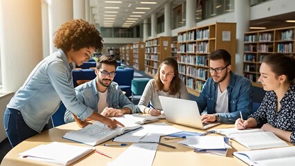 Five students are studying together in a light, airy library with bookshelves - Powered by Adobe