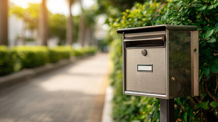 A new shiny mailbox stands with blurred background and caption space on the side symbolizing communication anticipation and fresh beginnings in a bright sunny day setting