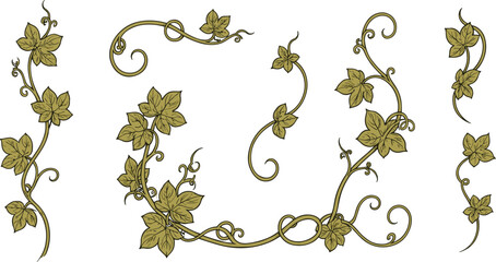 Art Nouveau Ivy Vine Swirls Vector Set, Elegant Vintage Floral Leaf Border Elements, Decorative Gold Botanical Ornaments, Classic Wedding Invitation and Menu Design Template.