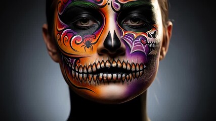 Woman's face painted with vibrant, detailed sugar skull makeup for Halloween, close-up shot