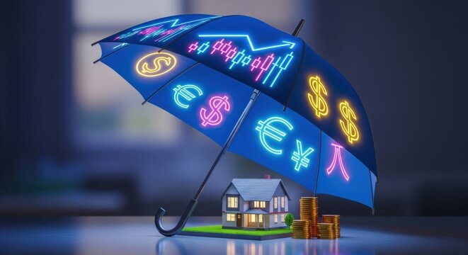 A neon-lit umbrella with dollar signs and a small house under it.